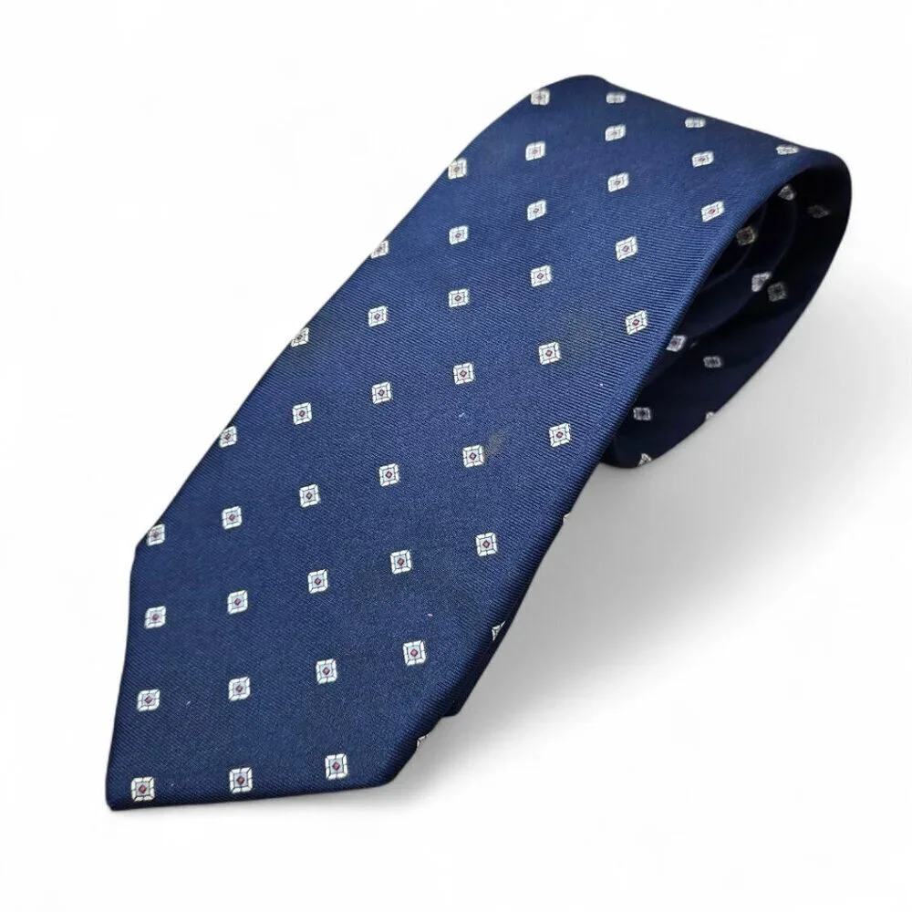 Christian Dior Silk Tie Diamond Printed Navy Blue Suit Long Necktie COA